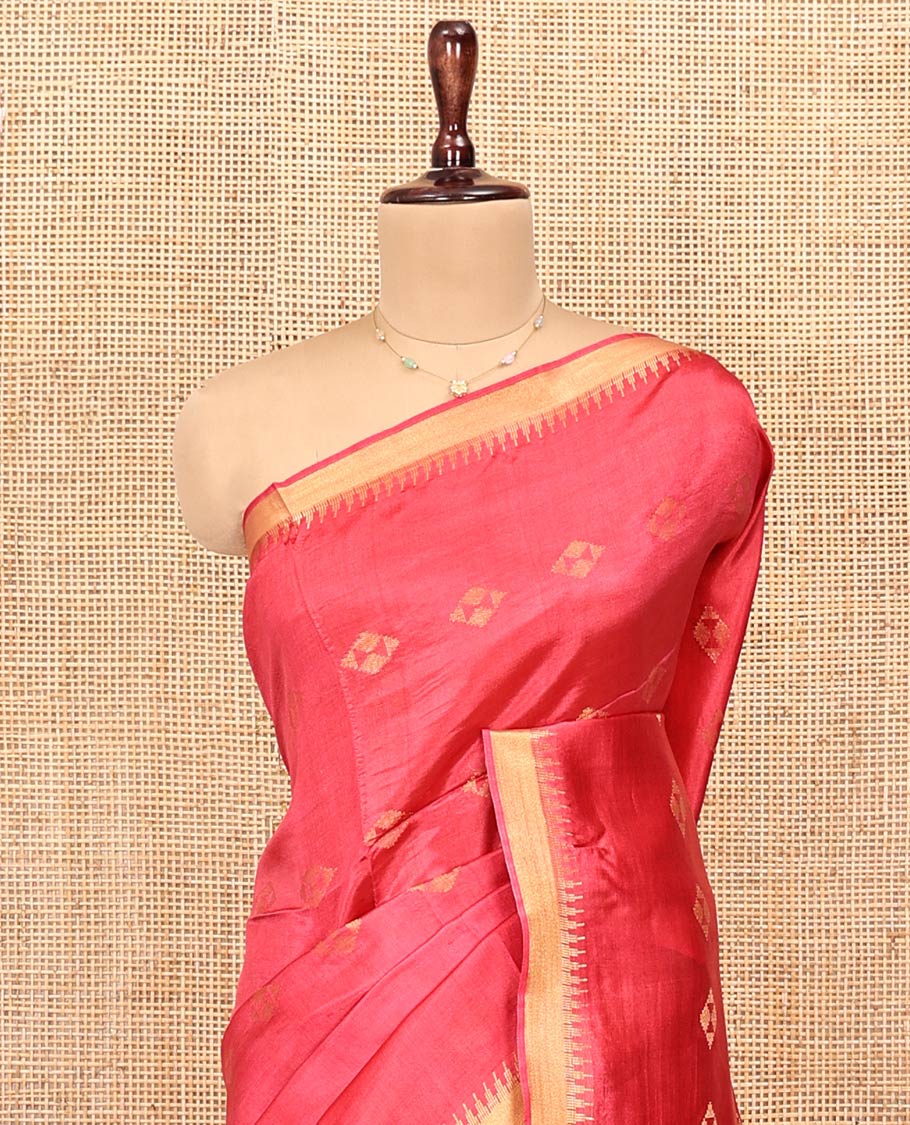 Red Banana Pith Saree, Detailed with Diamond Buttas on Its Body, Subtle Temple Border, Pallu Steeped with Zari Stripes, and Paired with a Matching Blouse