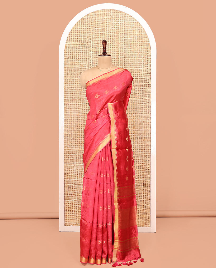 Red Banana Pith Saree, Detailed with Diamond Buttas on Its Body, Subtle Temple Border, Pallu Steeped with Zari Stripes, and Paired with a Matching Blouse