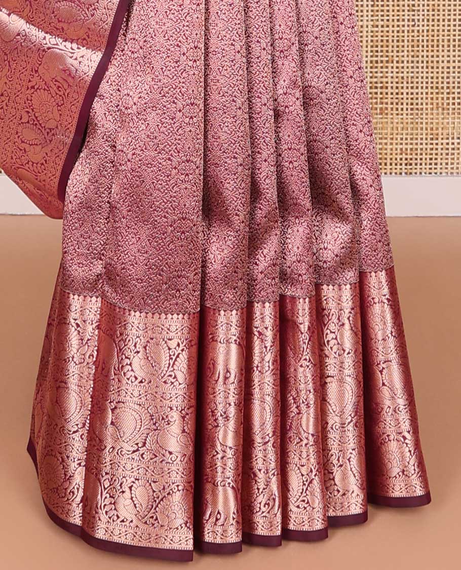 Red floral jacquard kancheepuram silk saree with self border of thilakam mokku, yanaai, mayil design & zari design pallu