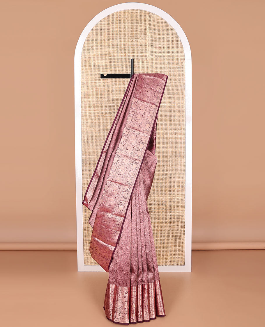 Red floral jacquard kancheepuram silk saree with self border of thilakam mokku, yanaai, mayil design & zari design pallu