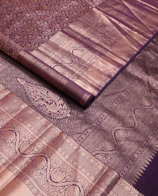 Purple floral jacquard wedding silksaree, zari border of thilakam mokku,chakram,mayil kann,kathir,kodi visiry & dhavana kodi designs