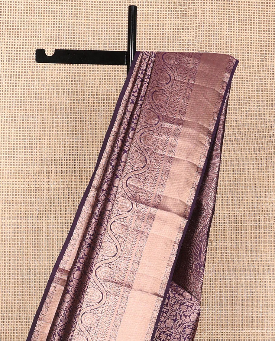 Purple floral jacquard wedding silksaree, zari border of thilakam mokku,chakram,mayil kann,kathir,kodi visiry & dhavana kodi designs