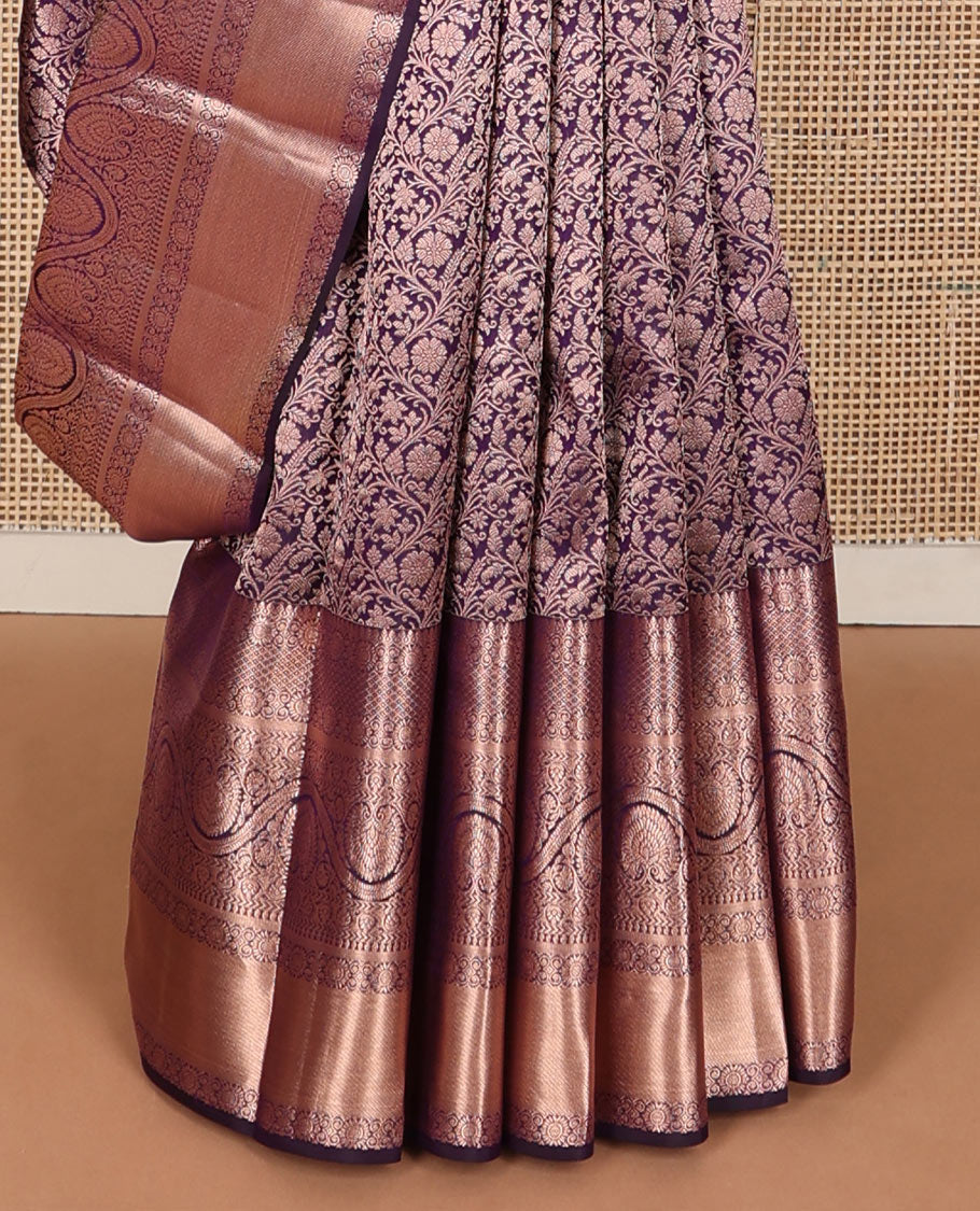 Purple floral jacquard wedding silksaree, zari border of thilakam mokku,chakram,mayil kann,kathir,kodi visiry & dhavana kodi designs