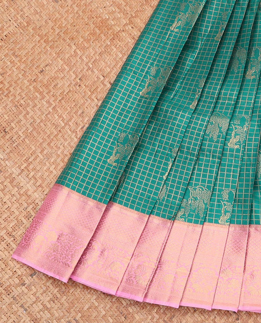 Green Budget Silk Saree, Gleamed Up with Zari Buttas and Checks, Complemented by a Contrast Traditional Zari Border, Grand Pallu, and a Contrast Blouse