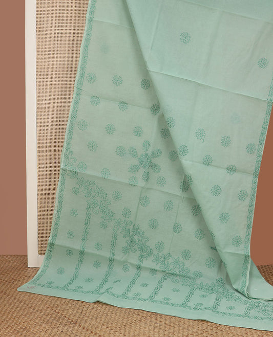 Pastel green floral buttas thread embroidered Lucknowi chikankari saree, embroidered border, & floral embroidered pallu