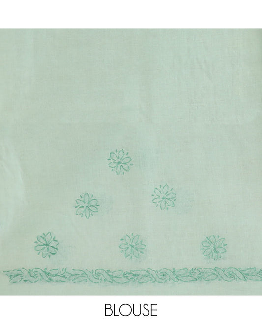 Pastel green floral buttas thread embroidered Lucknowi chikankari saree, embroidered border, & floral embroidered pallu