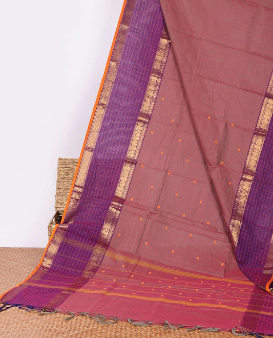 Violet buttas chettinad cotton saree with contrast zari design border & striped pallu
