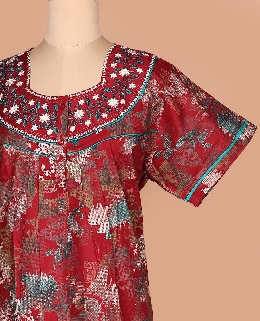 Red floral-geometric printed round neck embroidered half-sleeve cotton nighty