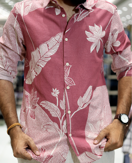 Pink Cotton-Blended Tropical Floral Print Casual Shirt