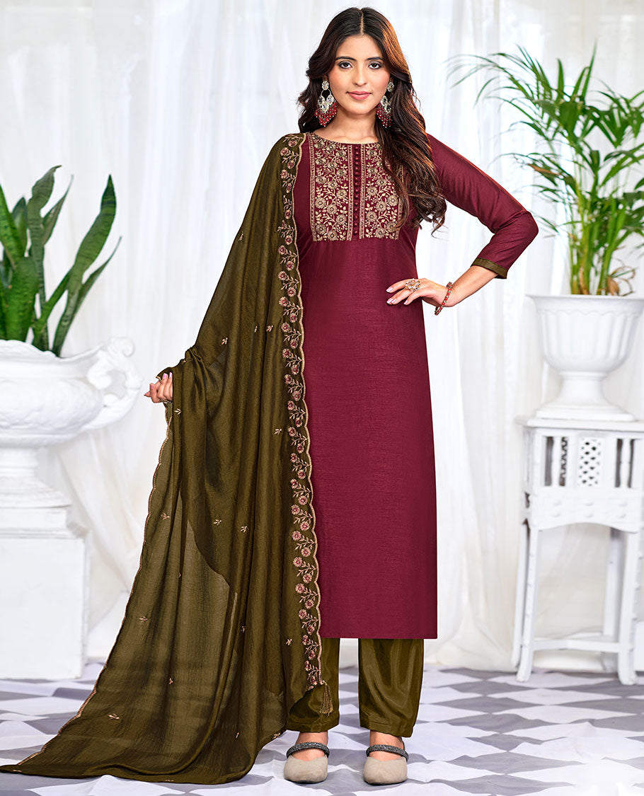 Maroon churidar material set, floral neck embroidered top, contrast plain bottom, and scallop floral embroidered dupatta