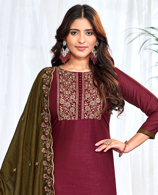 Maroon churidar material set, floral neck embroidered top, contrast plain bottom, and scallop floral embroidered dupatta