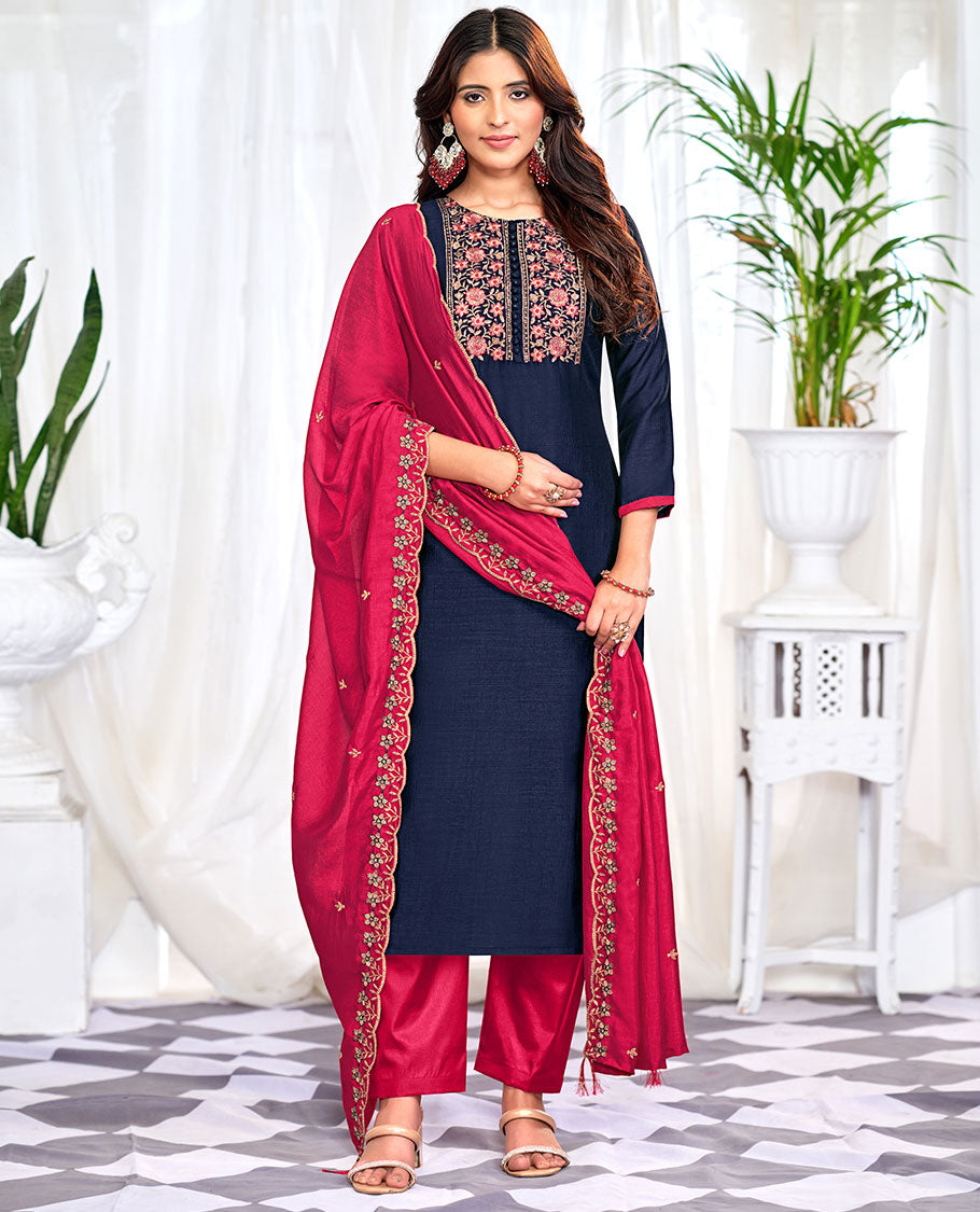 Navy blue churidar material set, floral neck embroidered top, contrast plain bottom, and scallop floral embroidered dupatta