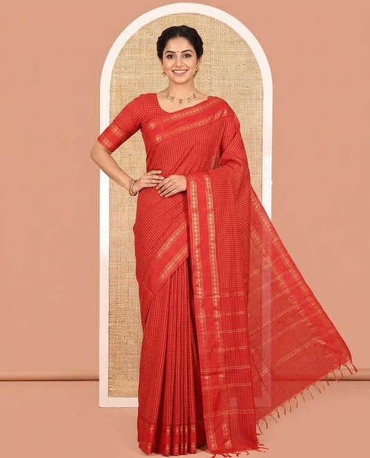 Rani Checked Kalyani Cotton Saree, Contrast Rettai Pettu Rudraksham Border and a Matching Blouse