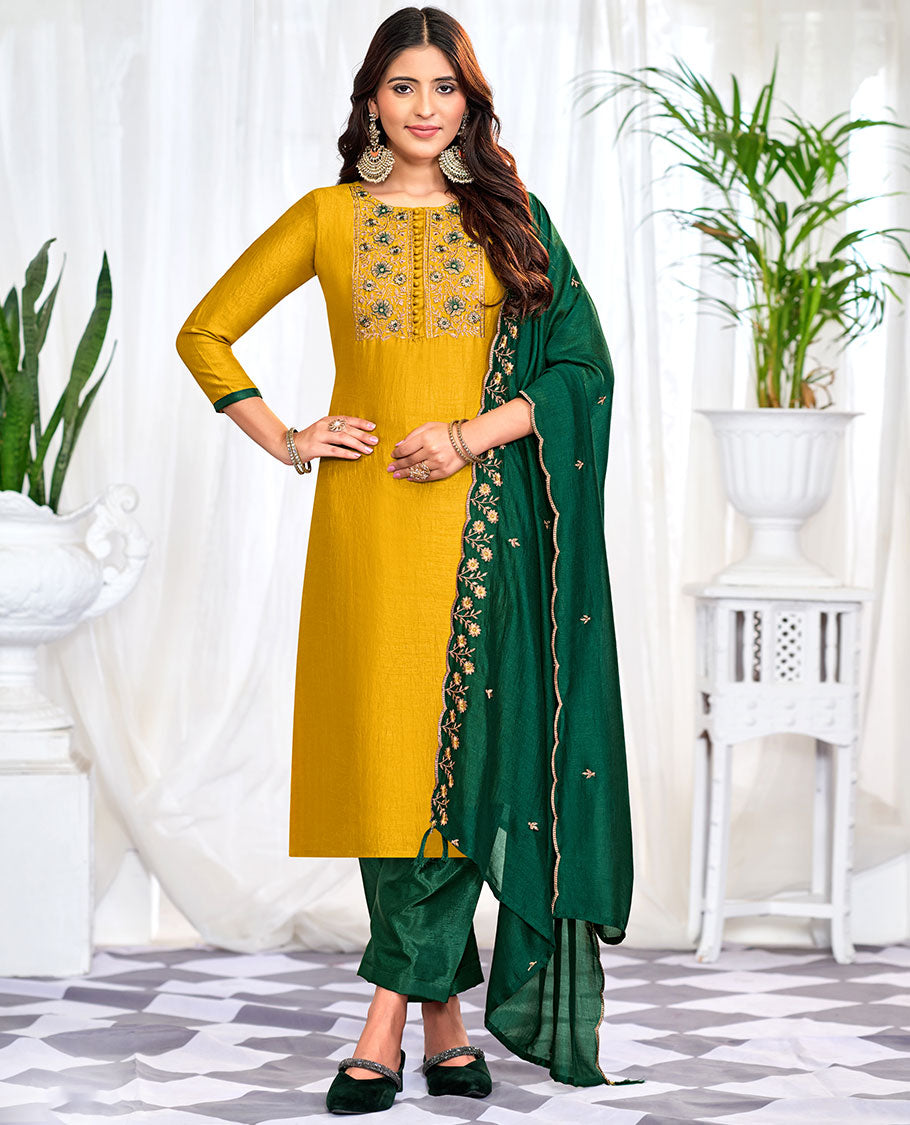 Yellow churidar material set, floral neck embroidered top, contrast plain bottom, and scallop floral embroidered dupatta
