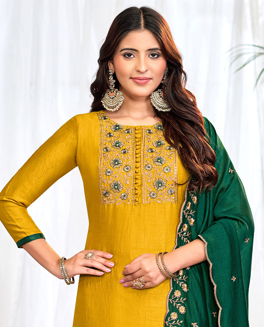 Yellow churidar material set, floral neck embroidered top, contrast plain bottom, and scallop floral embroidered dupatta