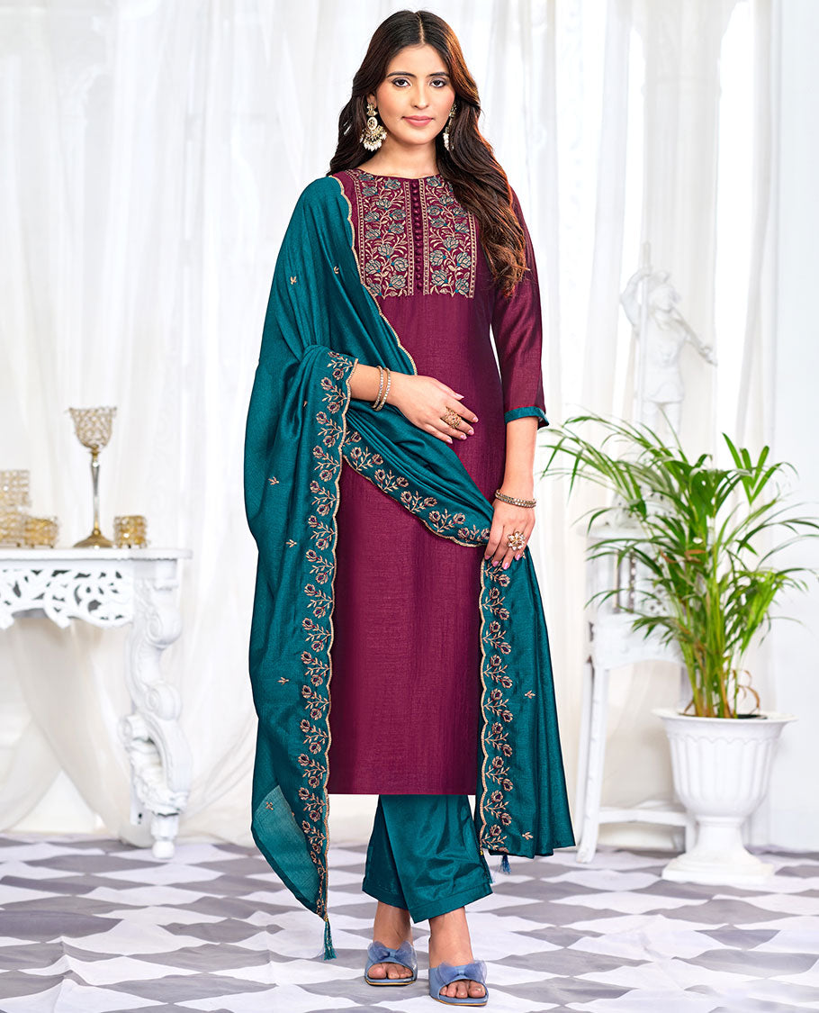 Purple churidar material set, floral neck embroidered top, contrast plain bottom, and scallop floral embroidered dupatta