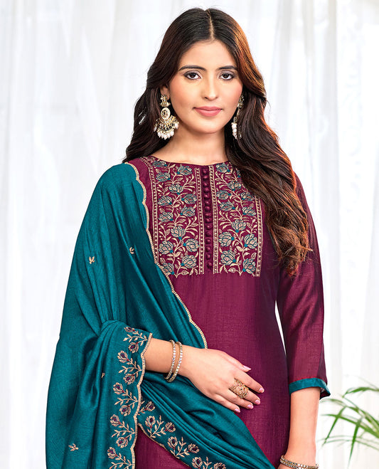 Purple churidar material set, floral neck embroidered top, contrast plain bottom, and scallop floral embroidered dupatta