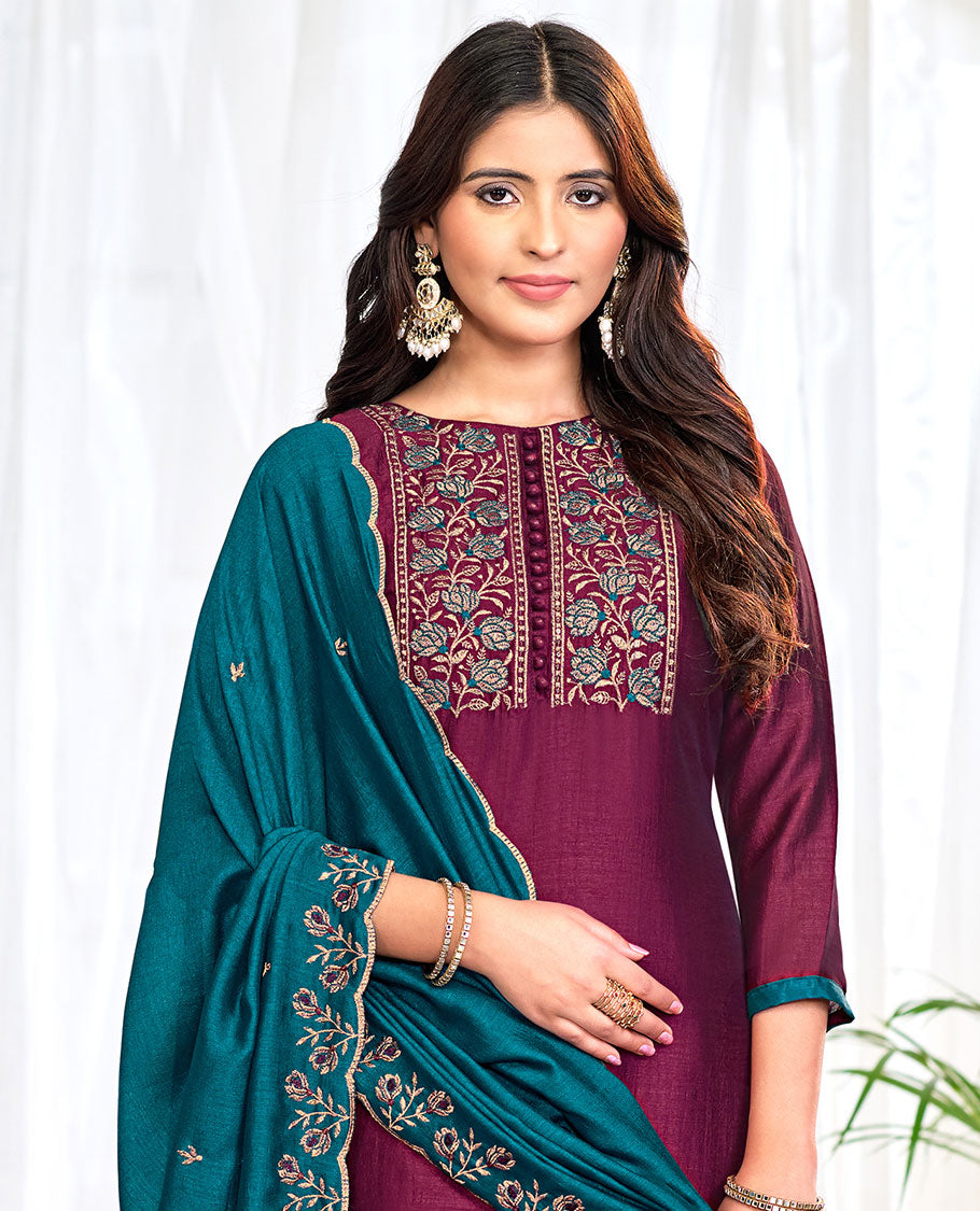 Purple churidar material set, floral neck embroidered top, contrast plain bottom, and scallop floral embroidered dupatta