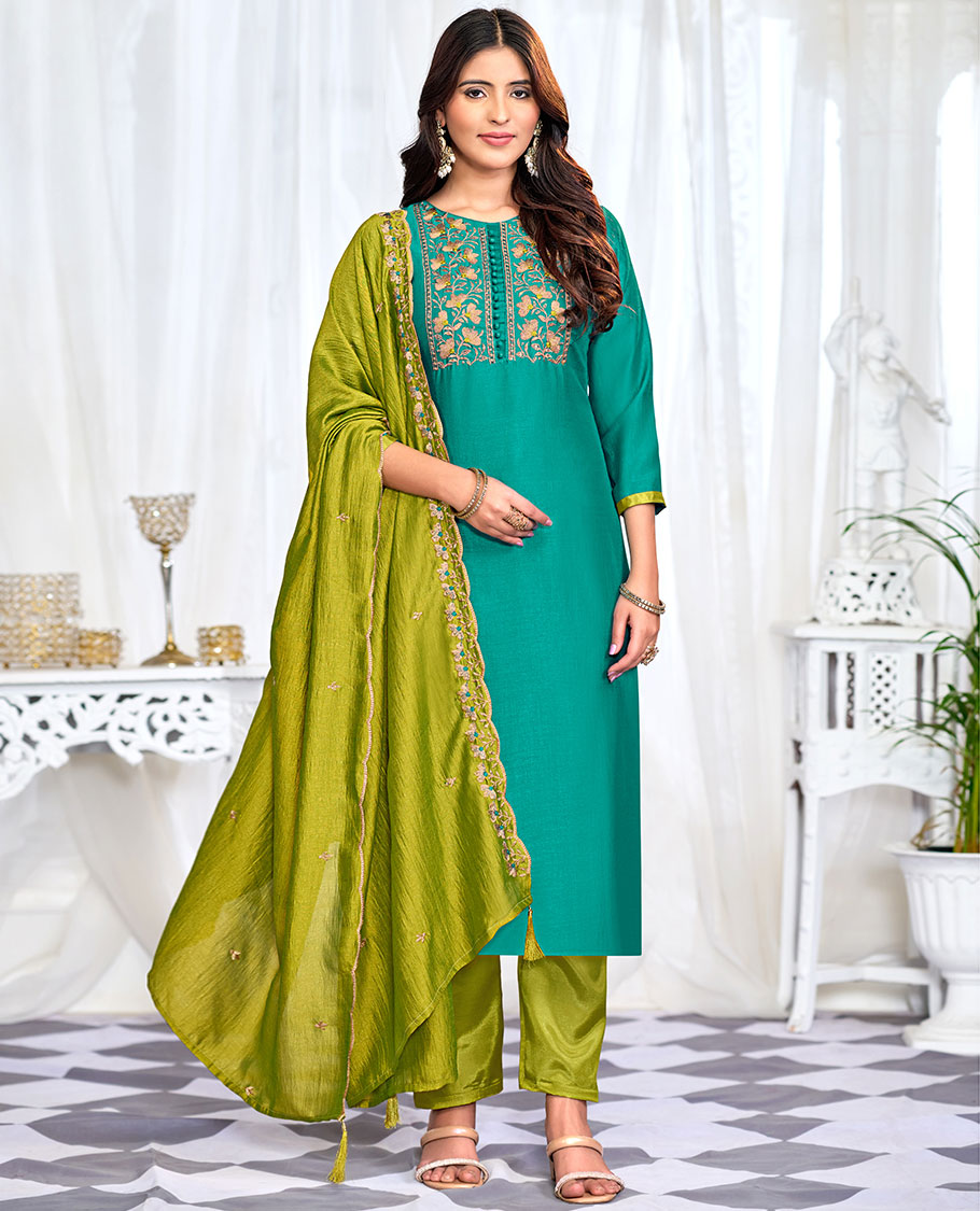 Green churidar material set, floral neck embroidered top, contrast plain bottom, and scallop floral embroidered dupatta