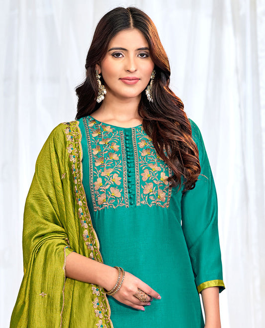 Green churidar material set, floral neck embroidered top, contrast plain bottom, and scallop floral embroidered dupatta