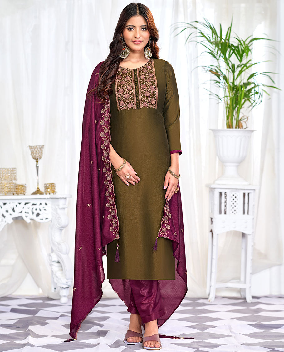 Dark olive green churidar material set, floral neck embroidered top, contrast plain bottom, and scallop floral embroidered dupatta