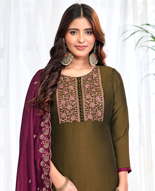 Dark olive green churidar material set, floral neck embroidered top, contrast plain bottom, and scallop floral embroidered dupatta