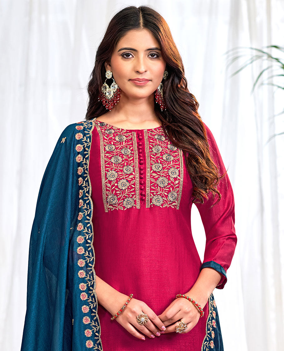 Cherry red churidar material set, floral neck embroidered top, contrast plain bottom, and scallop floral embroidered dupatta