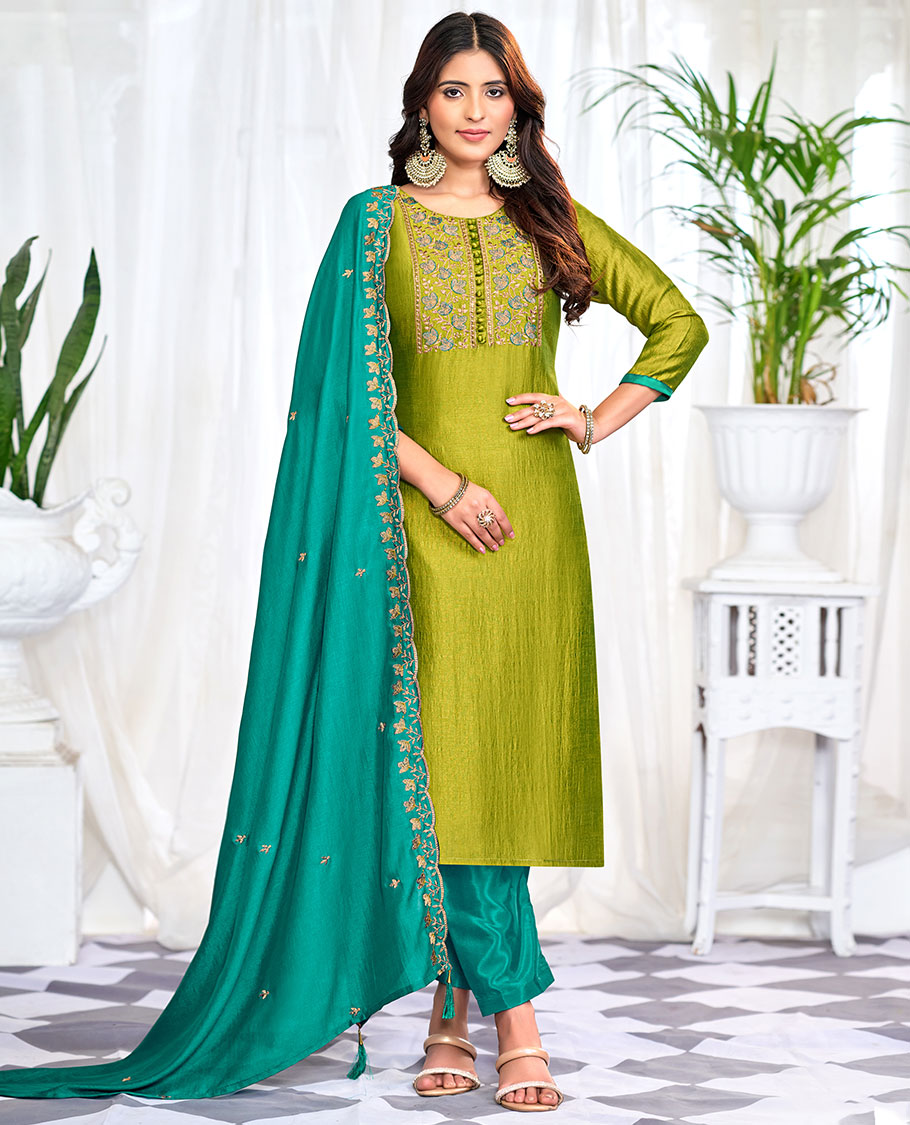 Parrot green churidar material set, floral neck embroidered top, contrast plain bottom, and scallop floral embroidered dupatta