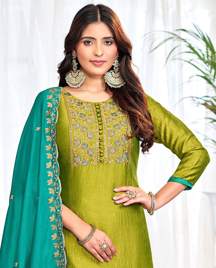 Parrot green churidar material set, floral neck embroidered top, contrast plain bottom, and scallop floral embroidered dupatta