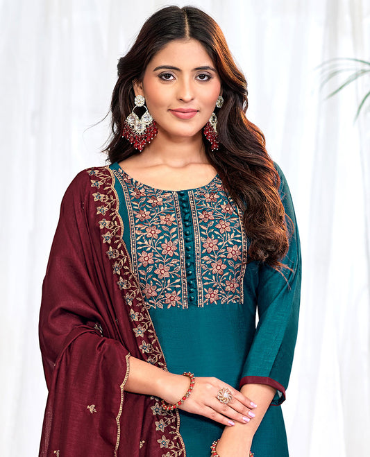 Peacock blue churidar material set, floral neck embroidered top, contrast plain bottom, and scallop floral embroidered dupatta