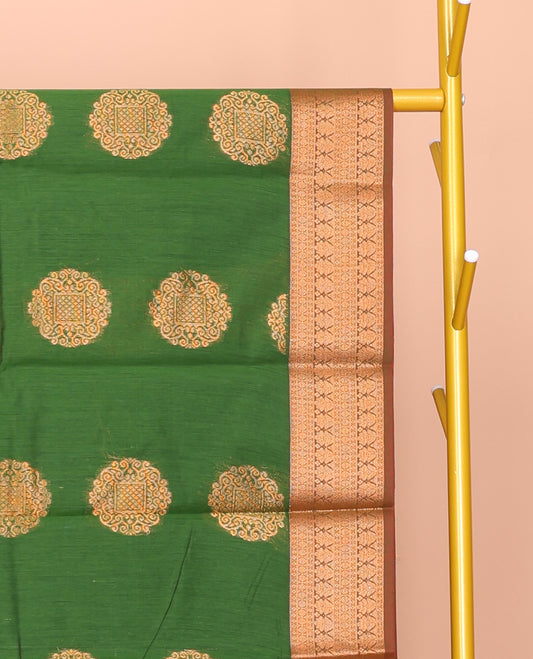 Green Semi-Silk Cotton Saree,  Embellished with Zari Buttas All Over Its Body, Complemented by a Contrast Traditional Zari Design Border, Grand Jaal Pallu, and Paired with a Contrast Blouse