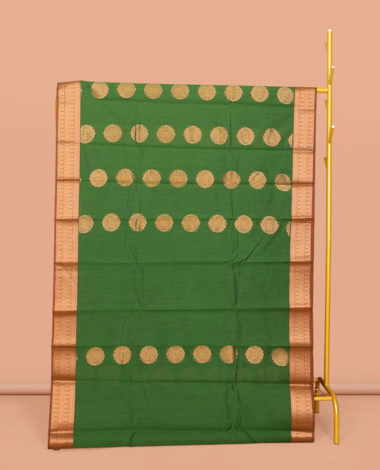 Green Semi-Silk Cotton Saree,  Embellished with Zari Buttas All Over Its Body, Complemented by a Contrast Traditional Zari Design Border, Grand Jaal Pallu, and Paired with a Contrast Blouse
