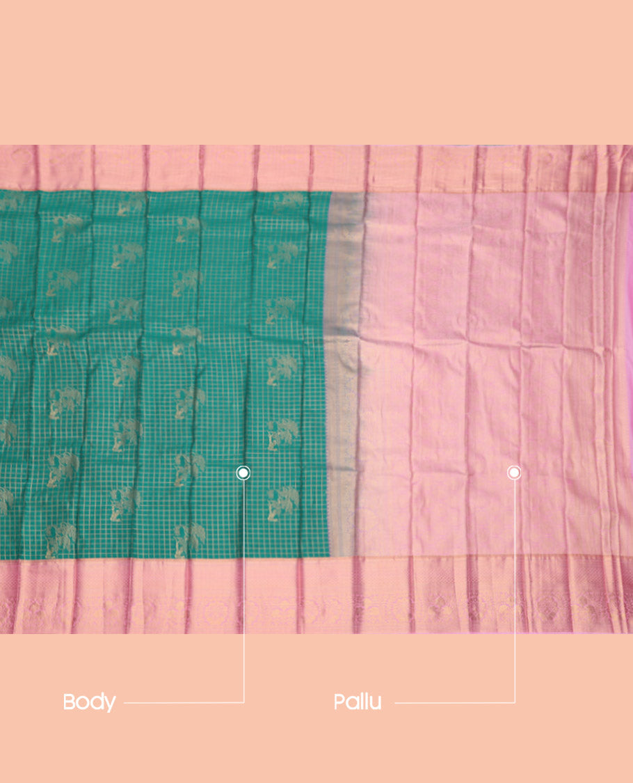 Green Budget Silk Saree, Gleamed Up with Zari Buttas and Checks, Complemented by a Contrast Traditional Zari Border, Grand Pallu, and a Contrast Blouse