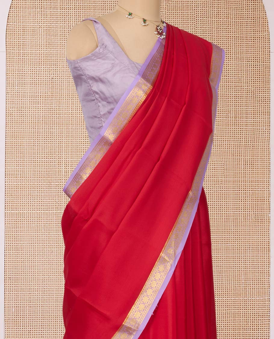 Red Plain Mysore Silk Saree, Complemented by a Contrast Flower Zari Design Border, Zari Striped Pallu, and Paired with a Contrast Blouse