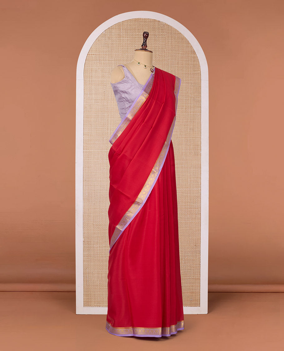 Red Plain Mysore Silk Saree, Complemented by a Contrast Flower Zari Design Border, Zari Striped Pallu, and Paired with a Contrast Blouse