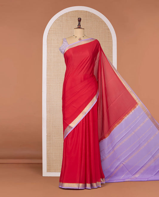Red Plain Mysore Silk Saree, Complemented by a Contrast Flower Zari Design Border, Zari Striped Pallu, and Paired with a Contrast Blouse
