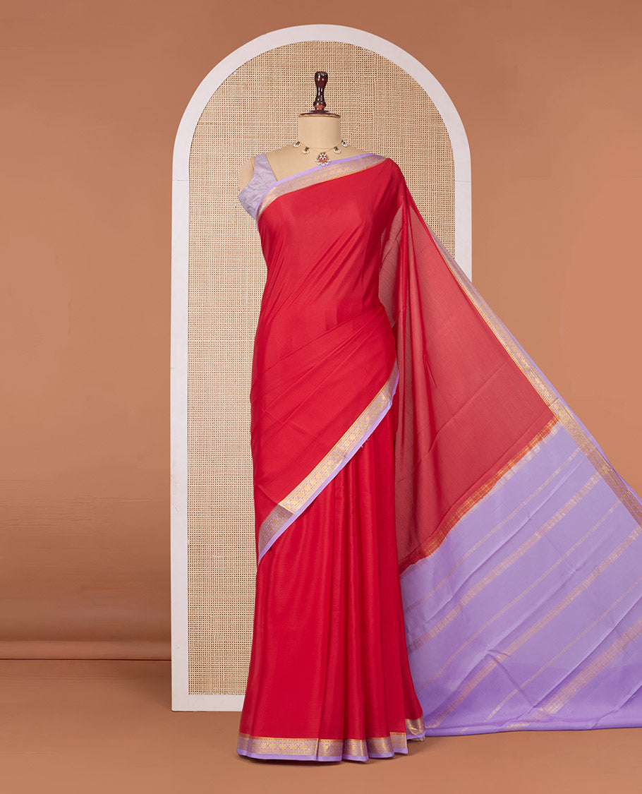 Red Plain Mysore Silk Saree, Complemented by a Contrast Flower Zari Design Border, Zari Striped Pallu, and Paired with a Contrast Blouse
