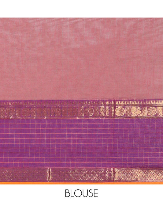 Violet buttas chettinad cotton saree with contrast zari design border & striped pallu