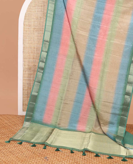 Multi-color striped tussar saree with contrast zari border & striped pallu