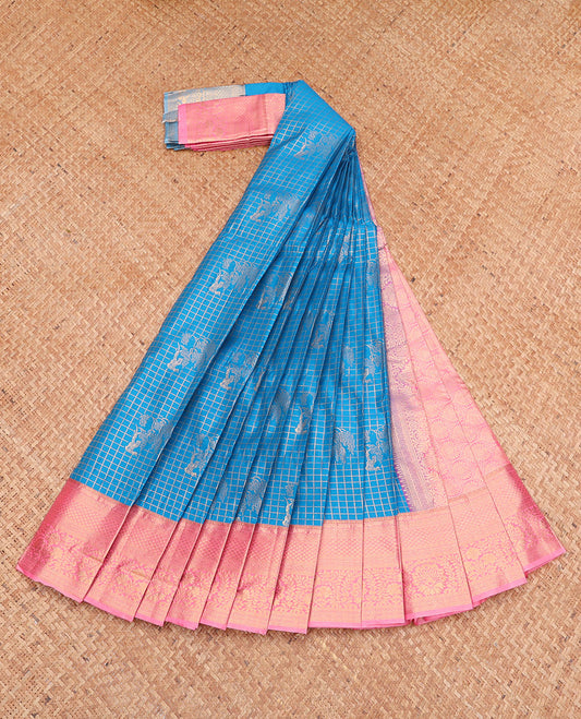 Blue Budget Silk Saree, Gleamed Up with Zari Buttas and Checks, Complemented by a Contrast Traditional Zari Border, Grand Pallu, and a Contrast Blouse