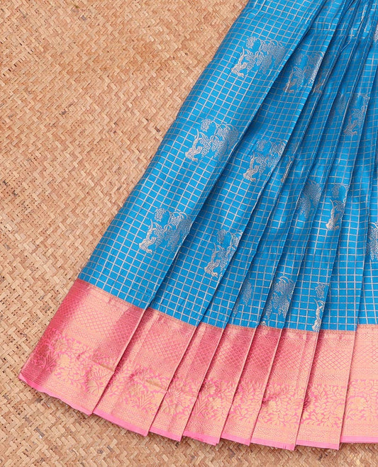 Blue Budget Silk Saree, Gleamed Up with Zari Buttas and Checks, Complemented by a Contrast Traditional Zari Border, Grand Pallu, and a Contrast Blouse