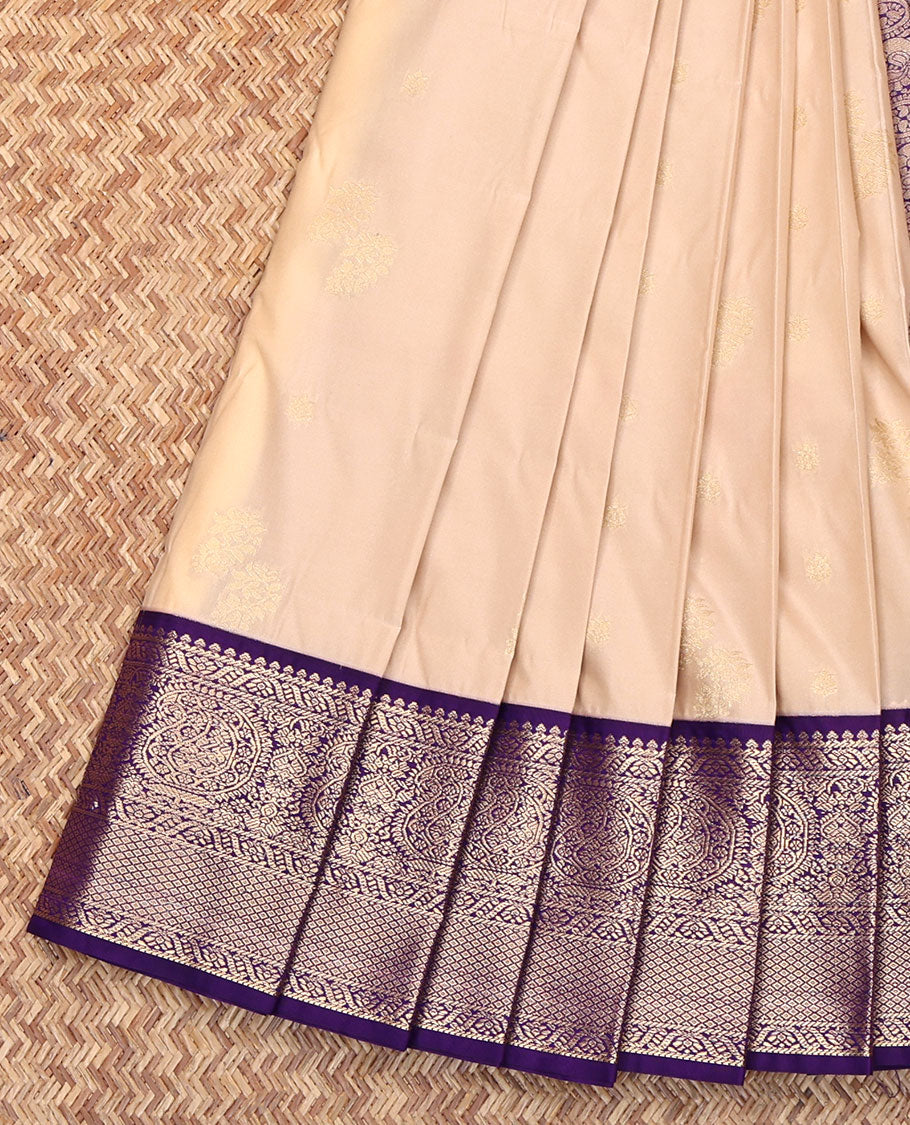 Light Sandal Budget Silk Saree, Sparsely Threaded with Zari Buttas All Over Its Body, Complemented by a Contrast Traditional Zari Design Border, Grand Jaal Pallu, and Paired with a Contrast Blouse