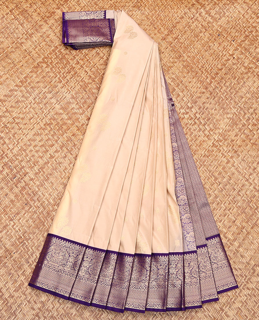 Light Sandal Budget Silk Saree, Sparsely Threaded with Zari Buttas All Over Its Body, Complemented by a Contrast Traditional Zari Design Border, Grand Jaal Pallu, and Paired with a Contrast Blouse