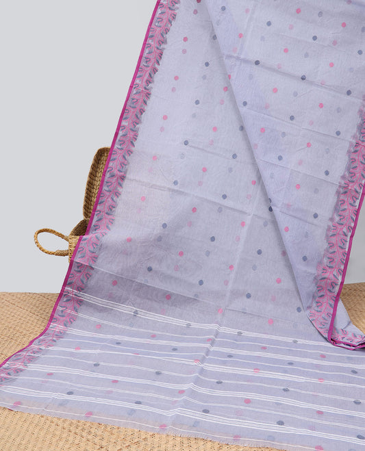 Grey buttas Bengal cotton saree, leaf vine border & striped pallu