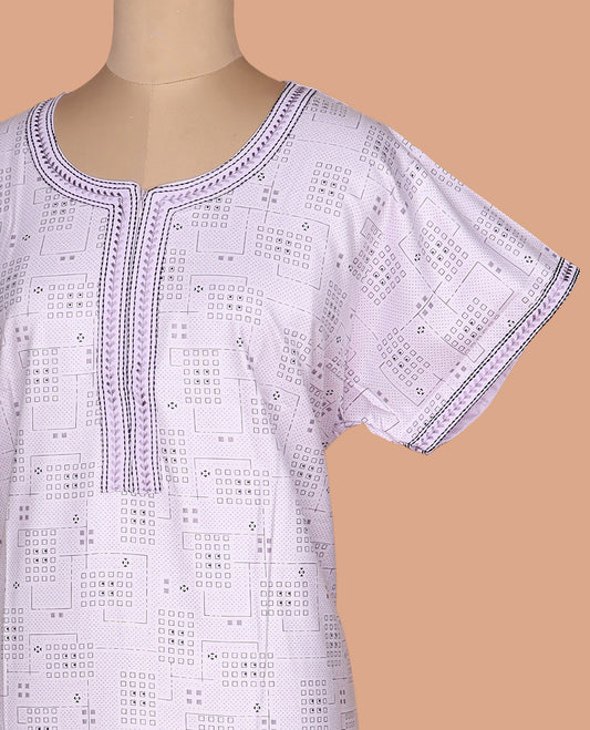 Pastel lavender geometric patterned with round neck embroidered half-sleeve cotton nighty
