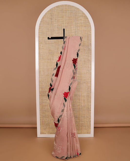 Borderless light pink floral embroidery tissue saree