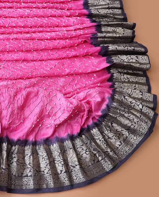 Pink bhandani kathan silk saree with contrast zari design border & floral design pallu