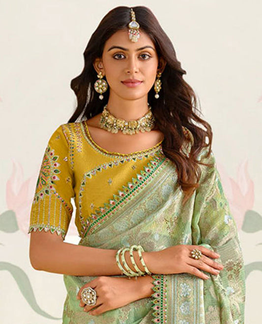 Green floral jacquard with stone work designer catalogue  saree & self floral design border
