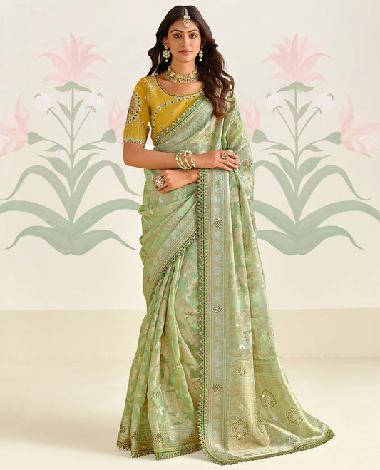 Green floral jacquard with stone work designer catalogue  saree & self floral design border