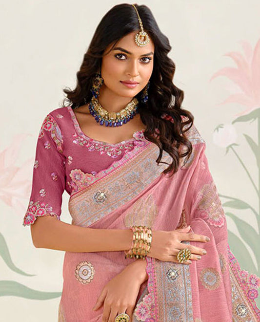 Pink floral embroidery with stone work designer catalogue  saree & floral scallop border